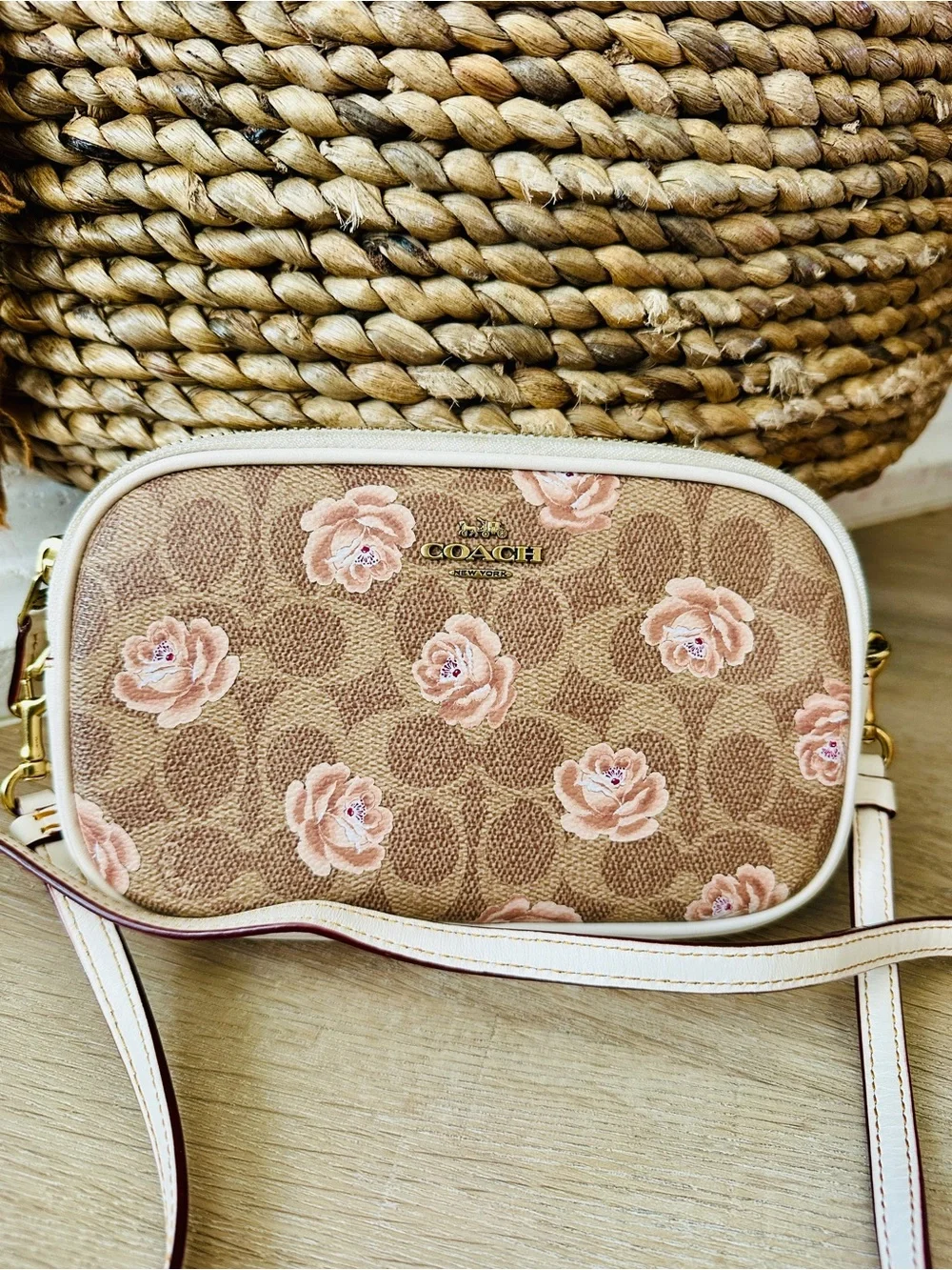 Coach Mini Jamie Camera Bag Rose Signature Crossbody in Beige and Pink